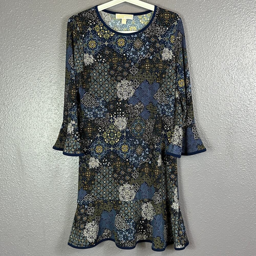 Michael Michael Kors Shift Dress 3/4 Sleeve Bell Sleeves Blue Jersey Ikat Ruffle